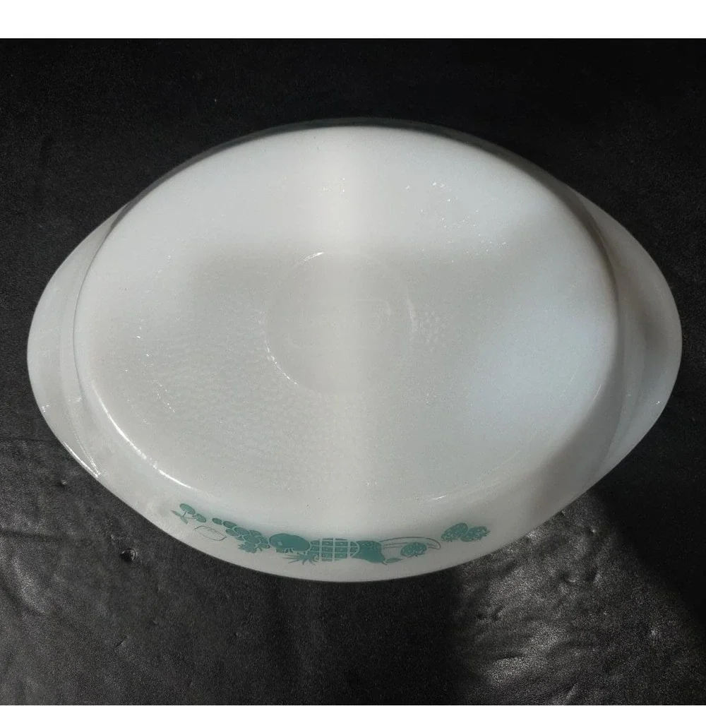 Glasbake‎ Divided Casserole Dish J-2352, Aqua Turquoise Fruit Design Milk Glass